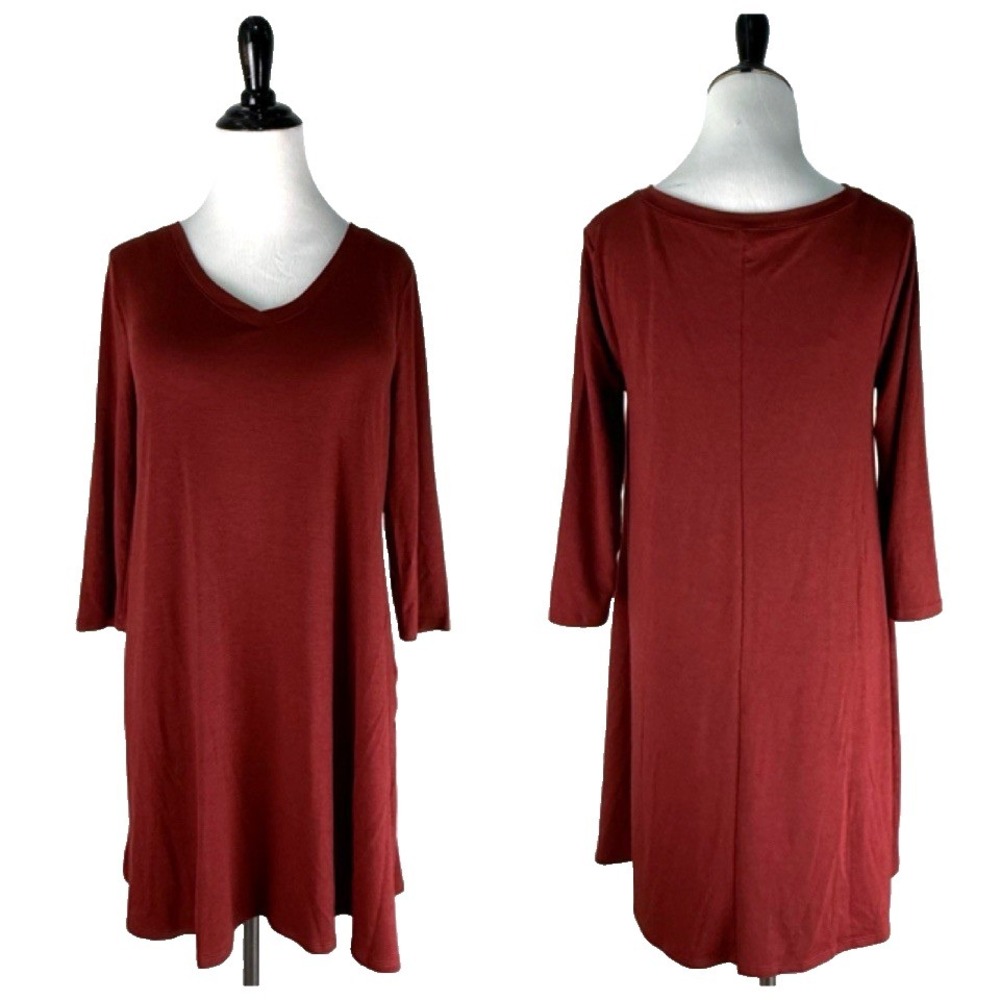 Zenana T Shirt Tunic Dress Women M 8 V Neck 3/4 Length Sleeve Rust Rayon Blend